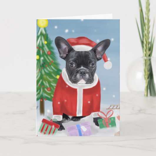 Franse Bulldog in de sneeuw met kerstcadeaus Kaart (Voorkant)
