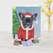 Franse Bulldog in de sneeuw met kerstcadeaus Kaart (Gele Bloem)