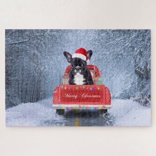 Franse Bulldog in de Sneeuw zittend in Kersttruck Legpuzzel