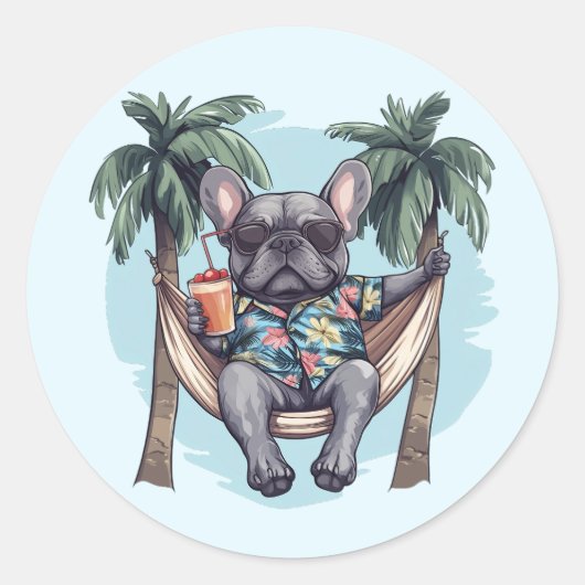 Franse Bulldog in Hawaiaanse Top Ronde Sticker (Voorkant)