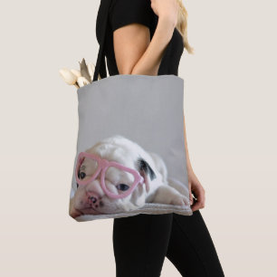 Franse Bulldog in Heart Glasses Tote Bag