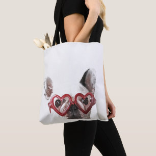 Franse Bulldog in Heart Glasses Tote Bag