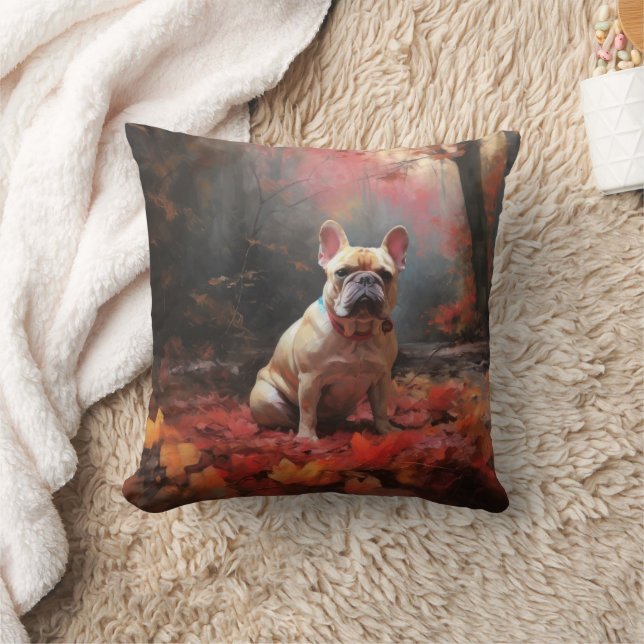 Franse Bulldog in herfstbladeren val inspireert Kussen (Deken)