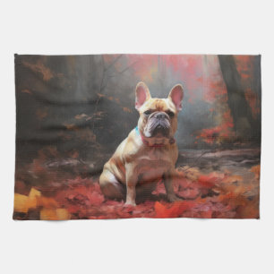 Franse Bulldog in herfstbladeren val inspireert Theedoek