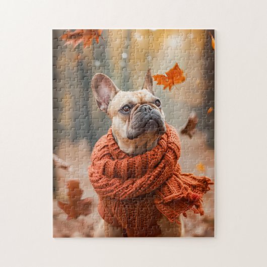 Franse Bulldog in herfstbos Legpuzzel (Verticaal)
