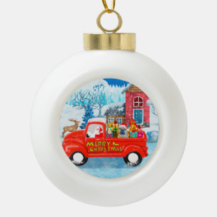Franse Bulldog in Kerst Bezorgtruck Sneeuw Keramische Bal Ornament