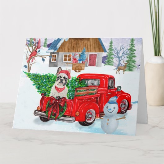Franse Bulldog in Kerstbezorgtruck Sneeuw Kaart (Voorkant)