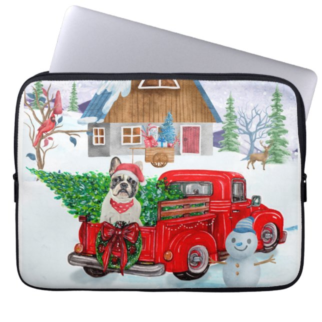 Franse Bulldog in kerstbezorgtruck sneeuw Laptop Sleeve (Voorkant)