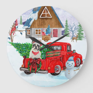 Franse Bulldog in Kerstbezorgwagen Sneeuw Grote Klok