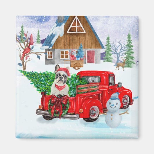 Franse Bulldog in Kerstcadeauwagen Sneeuw Magneet (Voorkant)