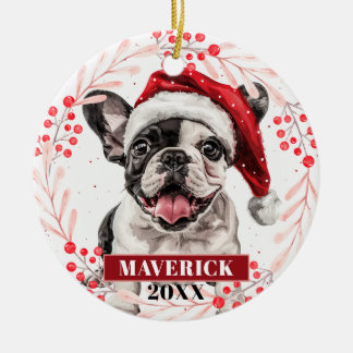 Franse Bulldog in Kerstmannenhoed Kerstornament Keramisch Ornament