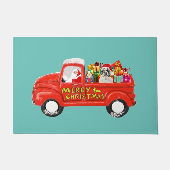 Franse bulldog in Kerstmis levering Truck Deurmat (Voorkant)