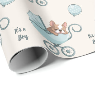 Franse Bulldog in kinderwagen Blauwe Jongens Baby Cadeaupapier