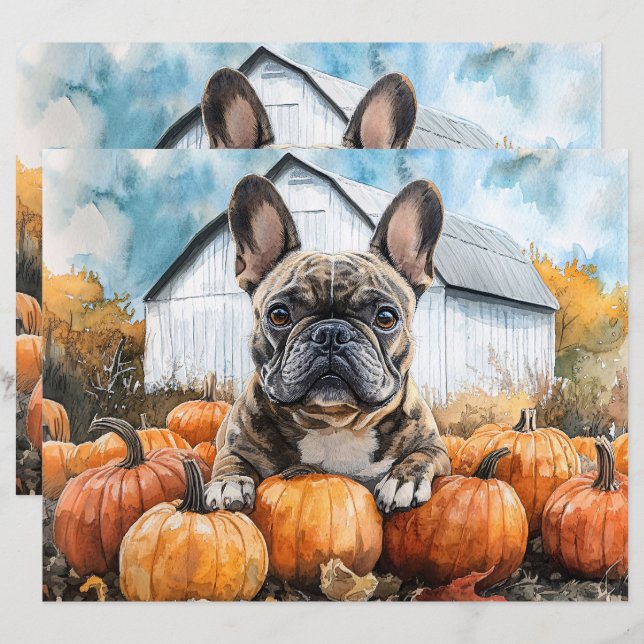Franse Bulldog in Pumpkin Patch Scrapbook Paper (Voorkant / Achterkant)