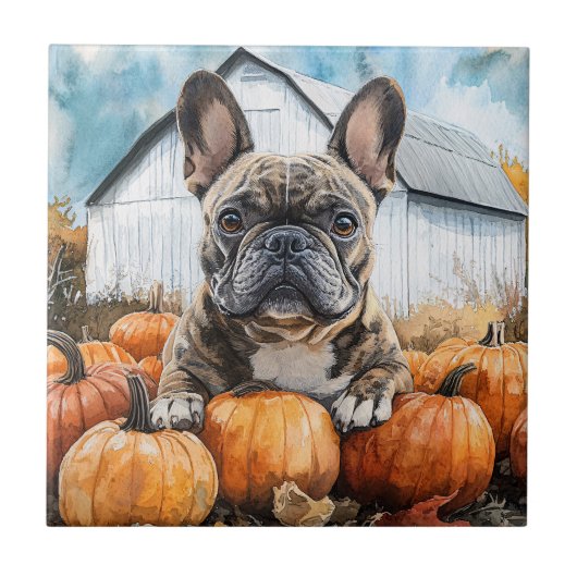 Franse Bulldog in Pumpkin Patch Tegeltje (Voorkant)