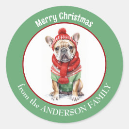 Franse Bulldog in rode kerstsjaal en Pet Ronde Sticker