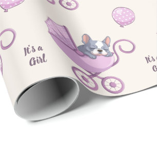 Franse Bulldog in roze kinderwagen Meisje Baby Sho Cadeaupapier