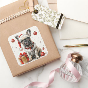 Franse Bulldog in Santa-pak met cadeaudoos Vierkante Sticker