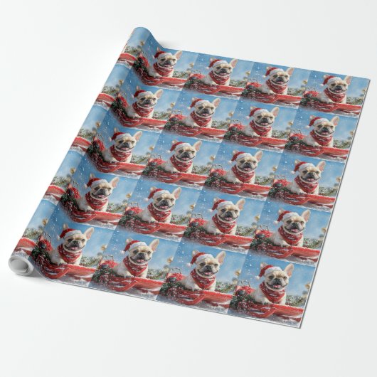 Franse Bulldog in Sledge Laat het sneeuwen Kerstmi Cadeaupapier (Uitgerold)