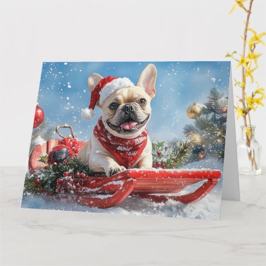 Franse Bulldog in Sledge Laat het sneeuwen Kerstmi Kaart (Gele Bloem)