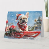 Franse Bulldog in Sledge Laat het sneeuwen Kerstmi Kaart (Voorkant)