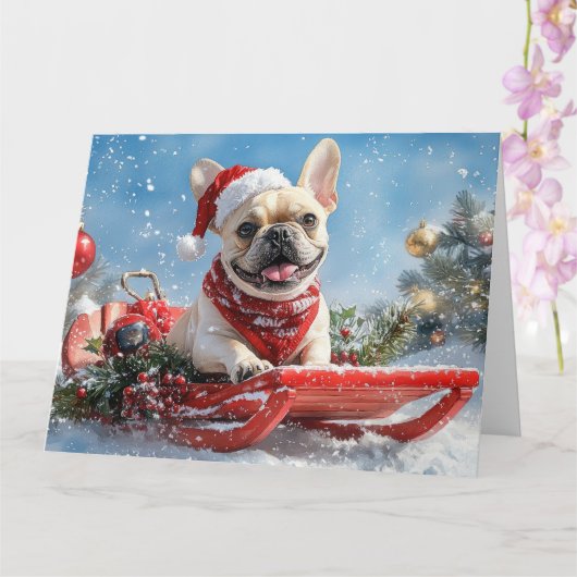 Franse Bulldog in slee Let it Snow Kerstmis Kaart (Orchidee)