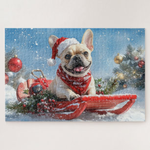 Franse Bulldog in slee Let it Snow Kerstmis Legpuzzel