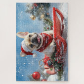 Franse Bulldog in slee Let it Snow Kerstmis Legpuzzel (Verticaal)