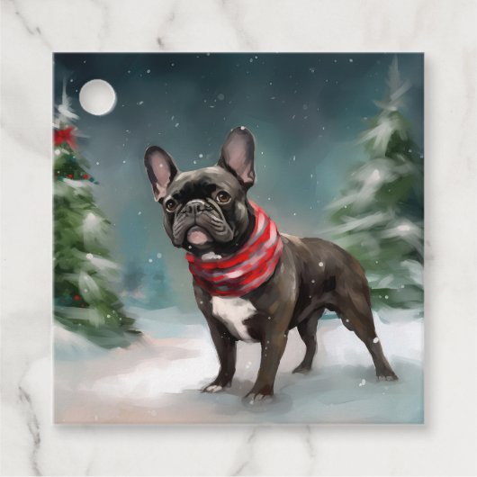 Franse Bulldog in Sneeuw Kerstmis Bedankjes Labels (Voorkant)