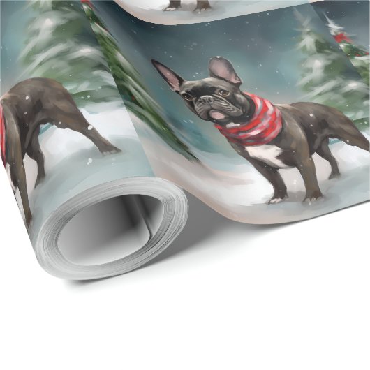 Franse Bulldog in Sneeuw Kerstmis Cadeaupapier (Rol Hoek)