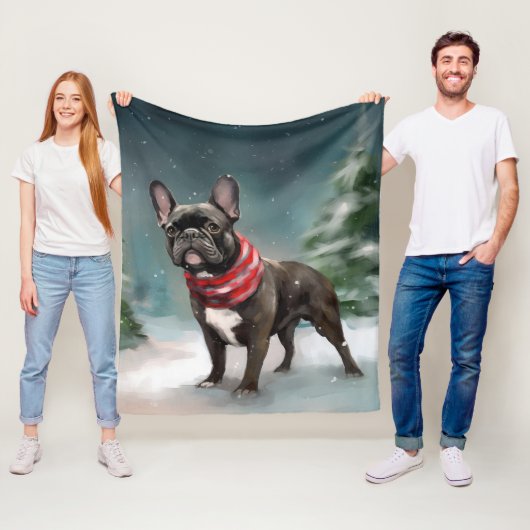 Franse Bulldog in Sneeuw Kerstmis Fleece Deken (In situ)