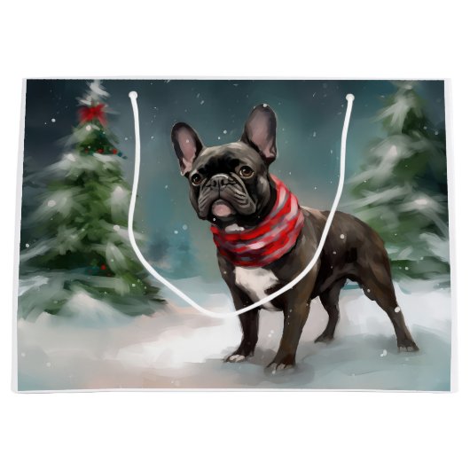 Franse Bulldog in Sneeuw Kerstmis Groot Cadeauzakje (Voorkant)