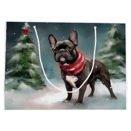 Franse Bulldog in Sneeuw Kerstmis Groot Cadeauzakje (Achterkant)