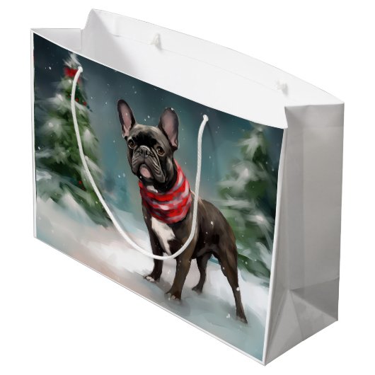 Franse Bulldog in Sneeuw Kerstmis Groot Cadeauzakje (Achterkant Gekanteld)