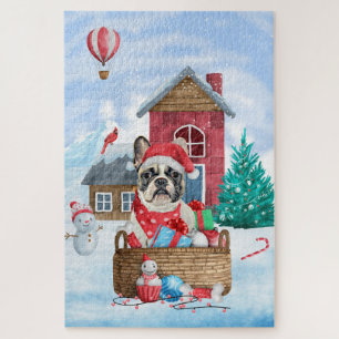Franse Bulldog In sneeuw Kerstmis Hondenhok Legpuzzel