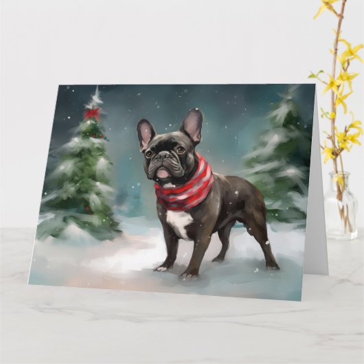 Franse Bulldog in Sneeuw Kerstmis Kaart (Gele Bloem)