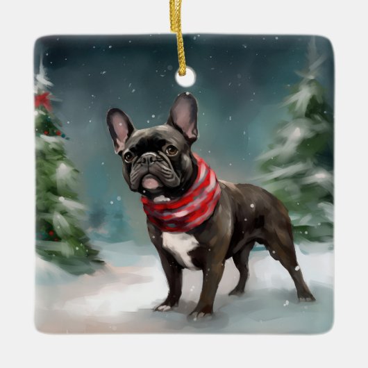 Franse Bulldog in Sneeuw Kerstmis Keramisch Ornament (Voorkant)
