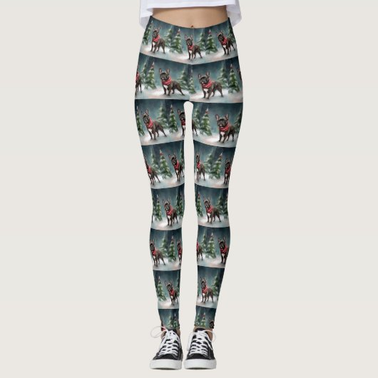 Franse Bulldog in Sneeuw Kerstmis Leggings (Voorkant)