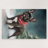 Franse Bulldog in Sneeuw Kerstmis Legpuzzel (Horizontaal)