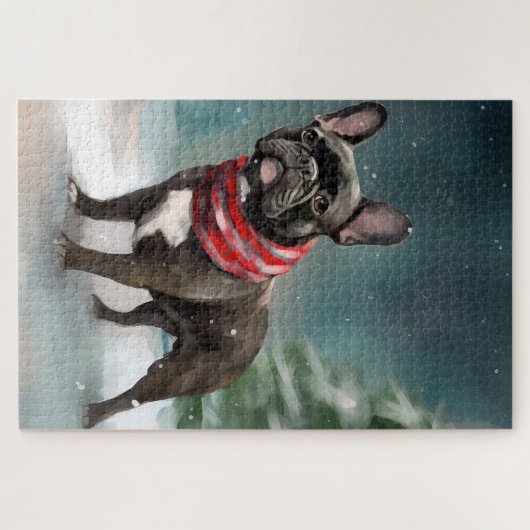Franse Bulldog in Sneeuw Kerstmis Legpuzzel (Horizontaal)