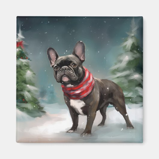 Franse Bulldog in Sneeuw Kerstmis Magneet (Voorkant)
