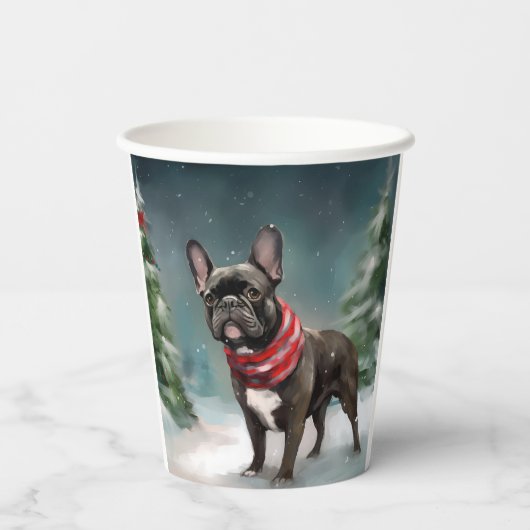 Franse Bulldog in Sneeuw Kerstmis Papieren Bekers (Achterkant)