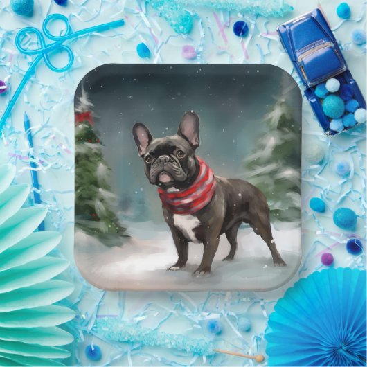 Franse Bulldog in Sneeuw Kerstmis Papieren Bordje (Feest)