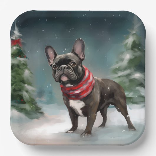 Franse Bulldog in Sneeuw Kerstmis Papieren Bordje (Voorkant)