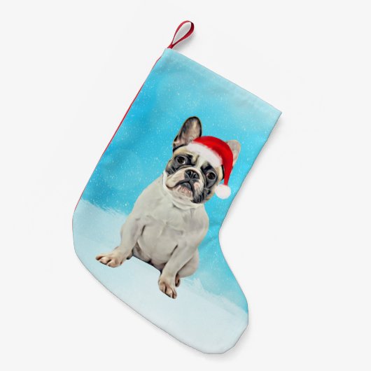 Franse Bulldog in Sneeuw Kerstmis Santa Hat Kleine Kerstsok (Voorkant (Hangend))