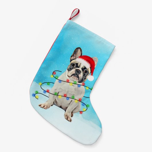 Franse Bulldog in Sneeuw Kerstmis Santa Hat Lights Kleine Kerstsok (Voorkant (Hangend))