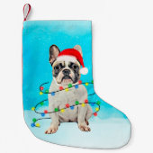 Franse Bulldog in Sneeuw Kerstmis Santa Hat Lights Kleine Kerstsok (Voorkant)