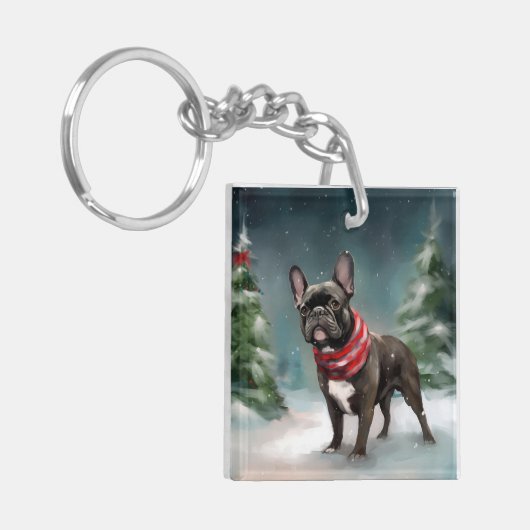 Franse Bulldog in Sneeuw Kerstmis Sleutelhanger (Voorkant Links)