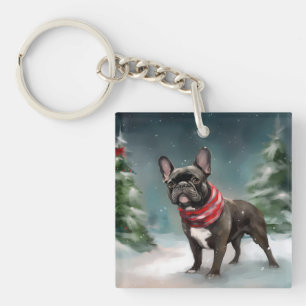 Franse Bulldog in Sneeuw Kerstmis Sleutelhanger