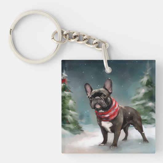 Franse Bulldog in Sneeuw Kerstmis Sleutelhanger (Voorkant)